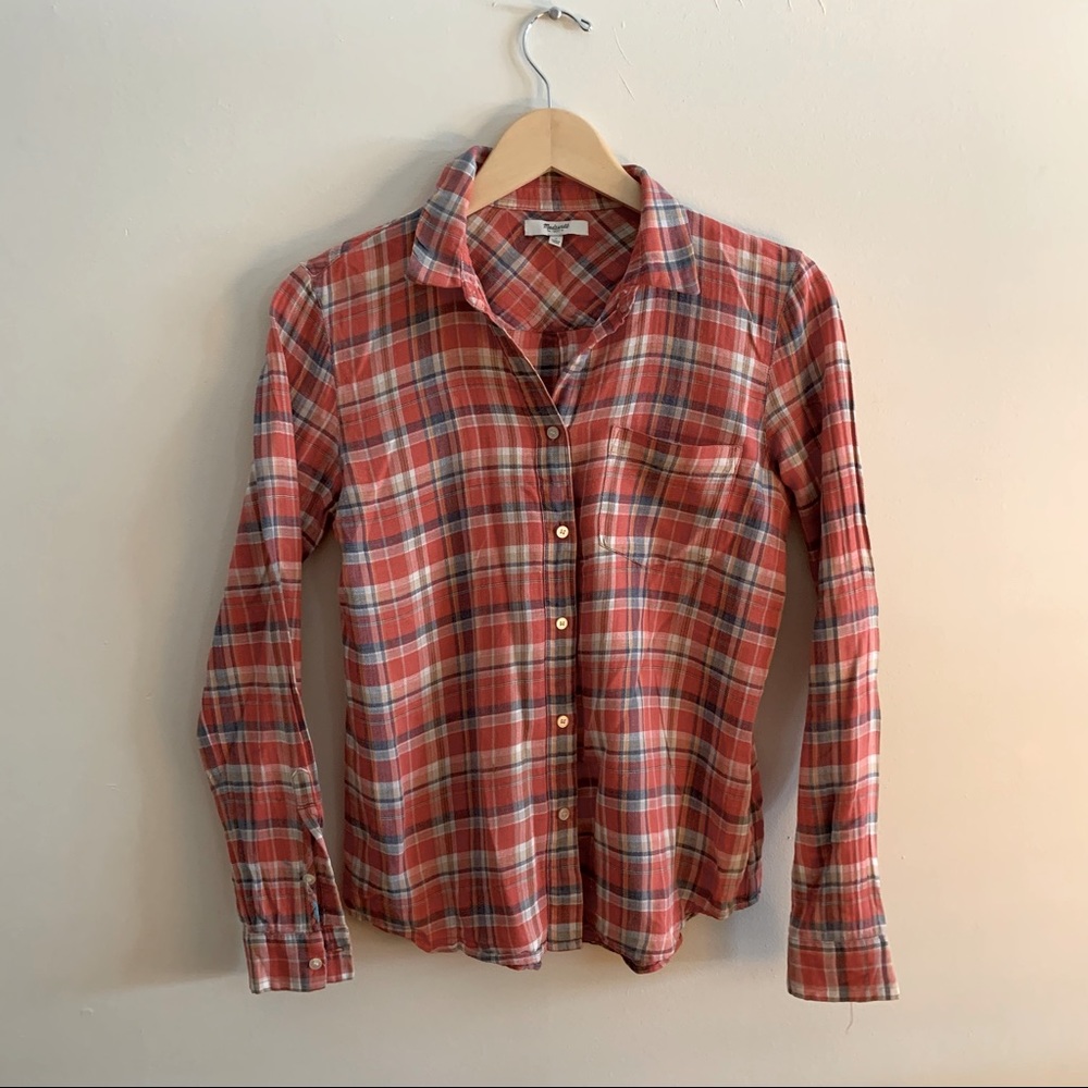 Madewell linen blend plaid button down shirt S